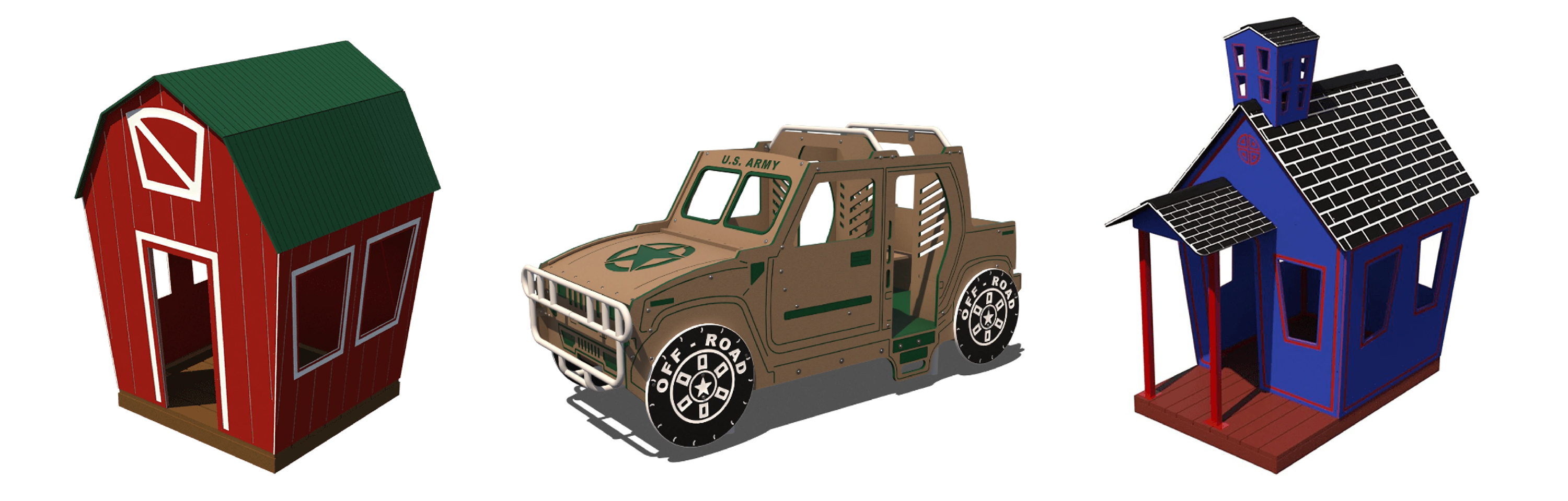 Playground town structures featuring a barn, military play truck, and themed playhouse for imaginative play